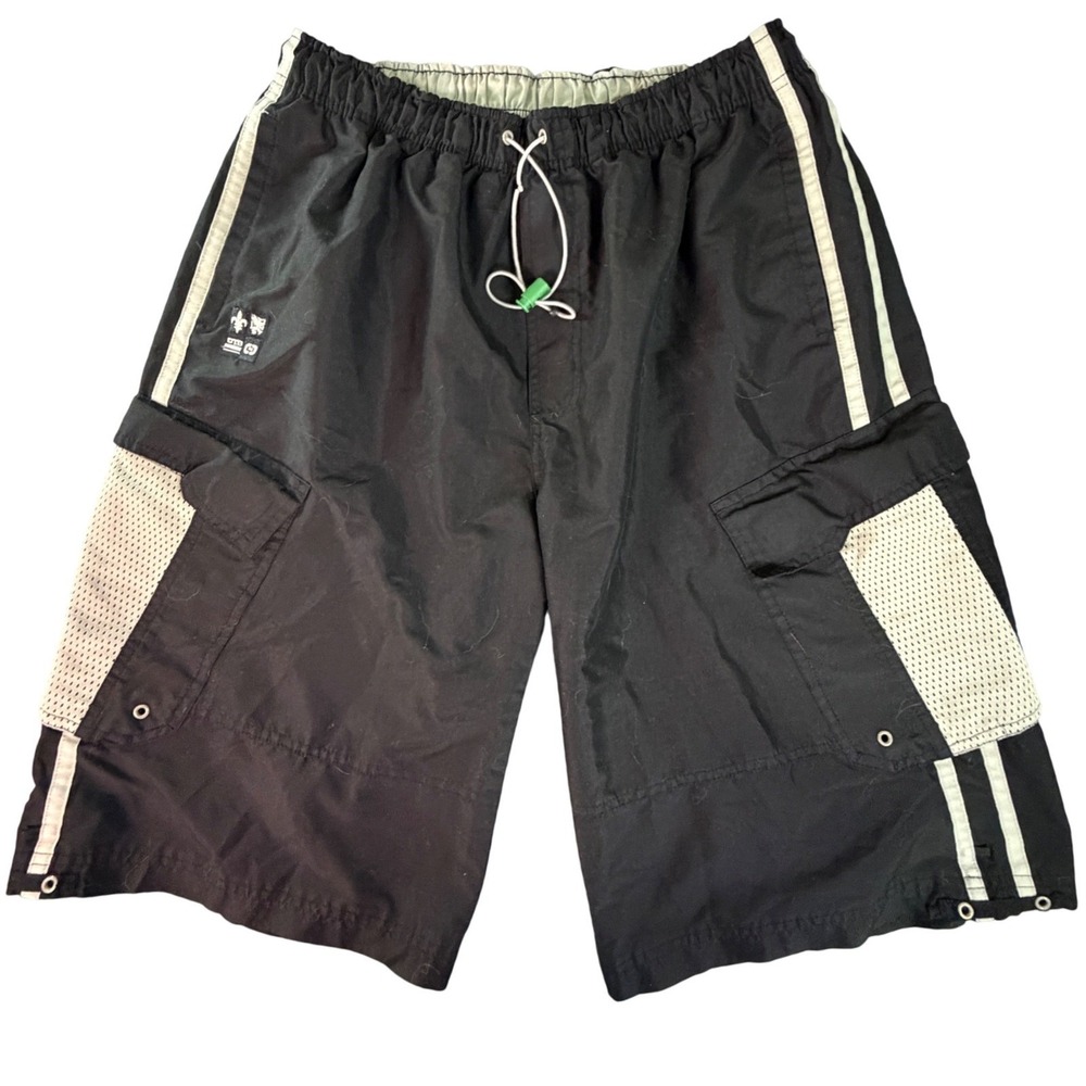 Mens Black Cargo Athletic Shorts Mesh Accents Drawstring Size M Board‎ Shorts